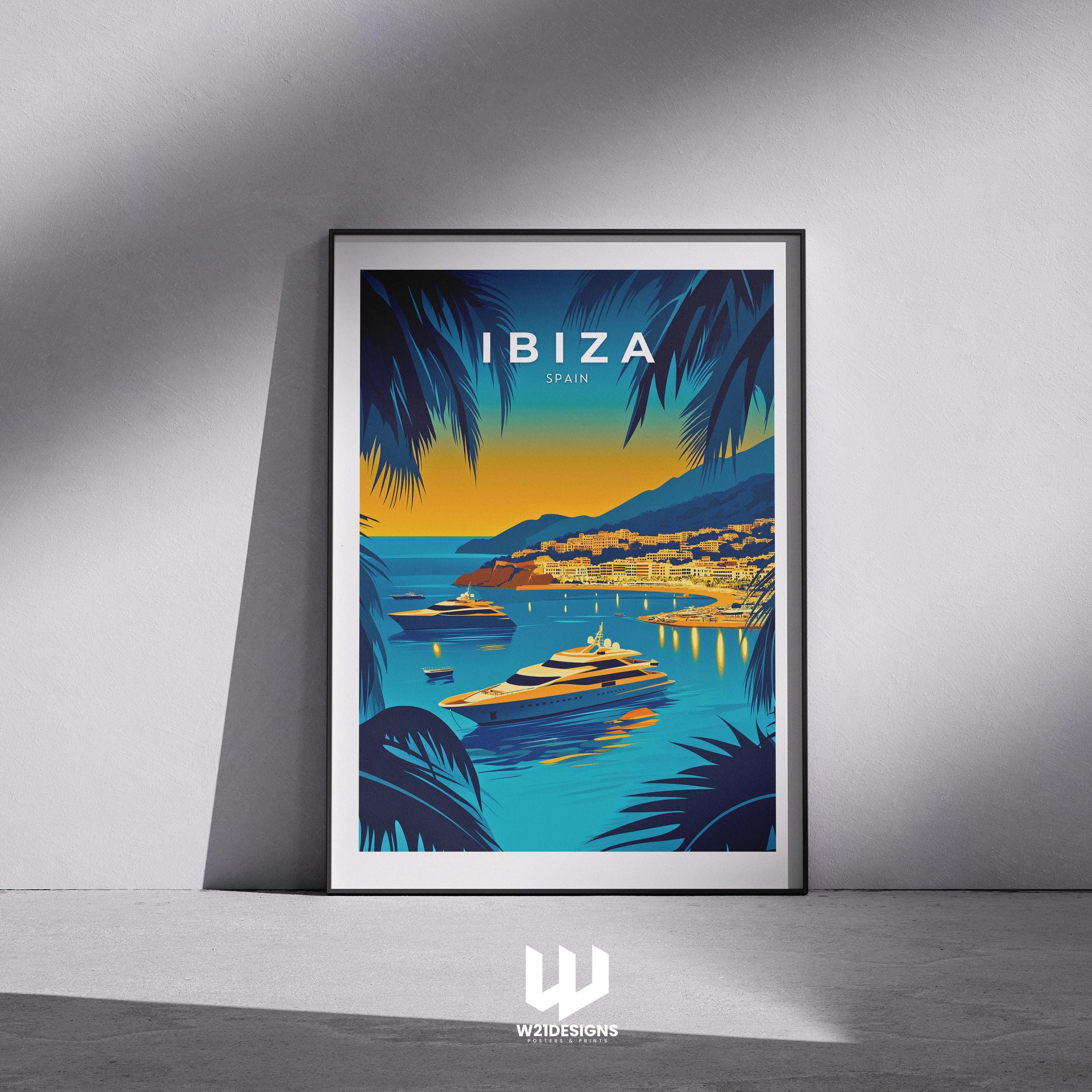 Ibiza Sunset Travel Print: Mediterranean Yacht Scene, Spain Wall Art