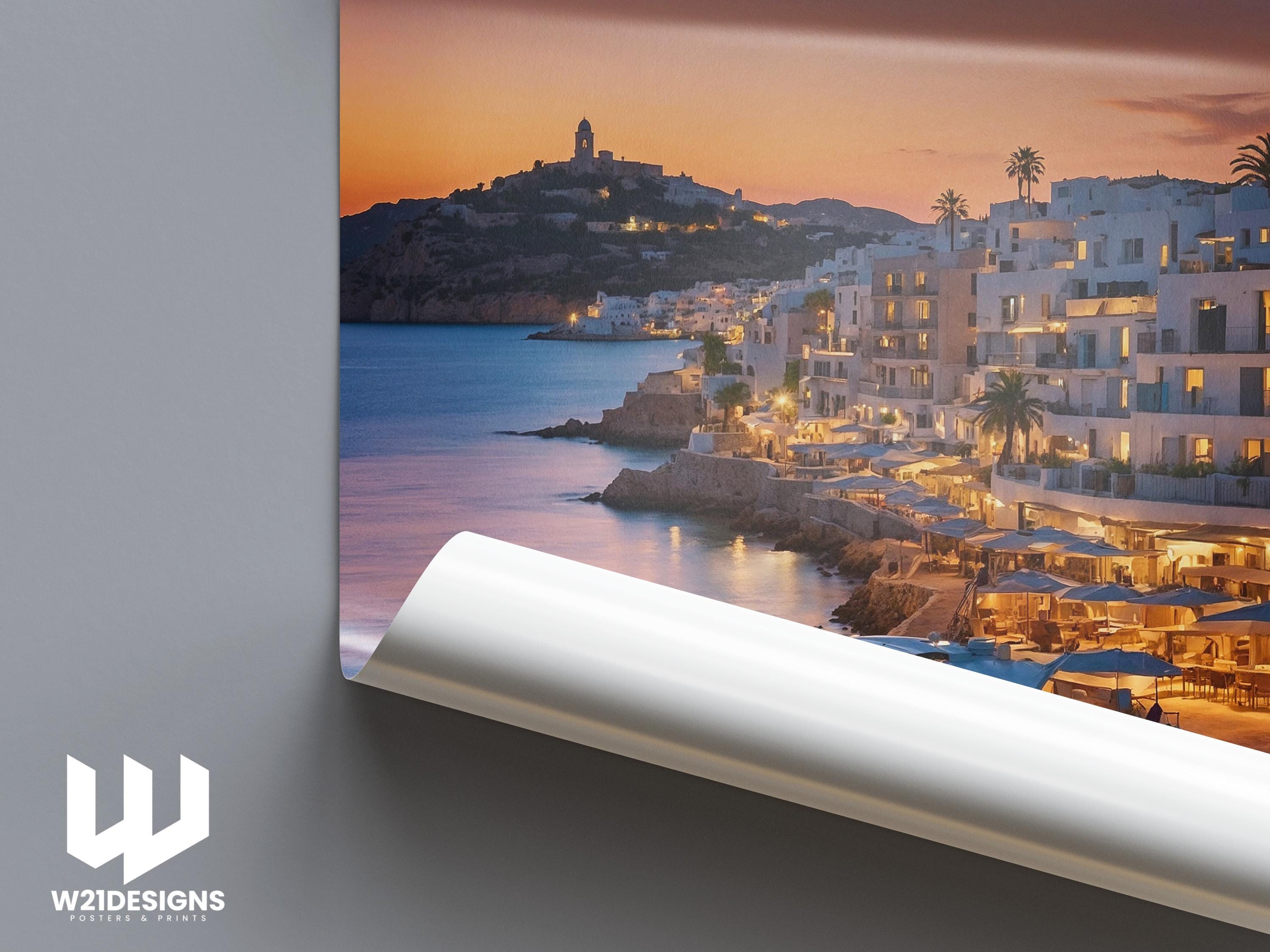 Ibiza Sunset Print: Luxury Yacht, Mediterranean Coastal Art