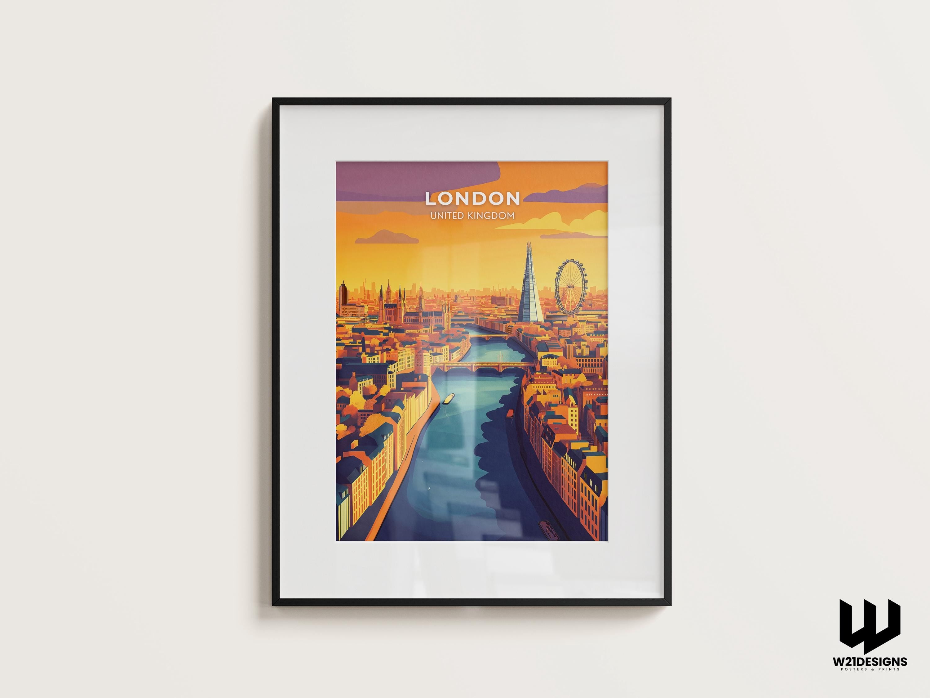 London Travel Poster: Aerial Cityscape Art Print, River Thames & UK Landmarks