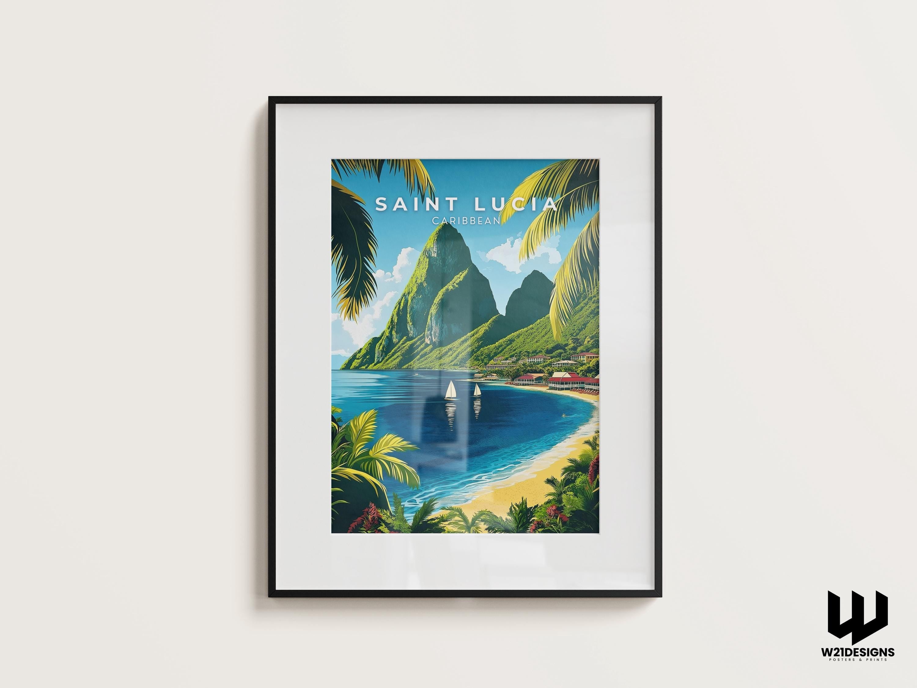 Saint Lucia Travel Poster: Caribbean Pitons Art Print