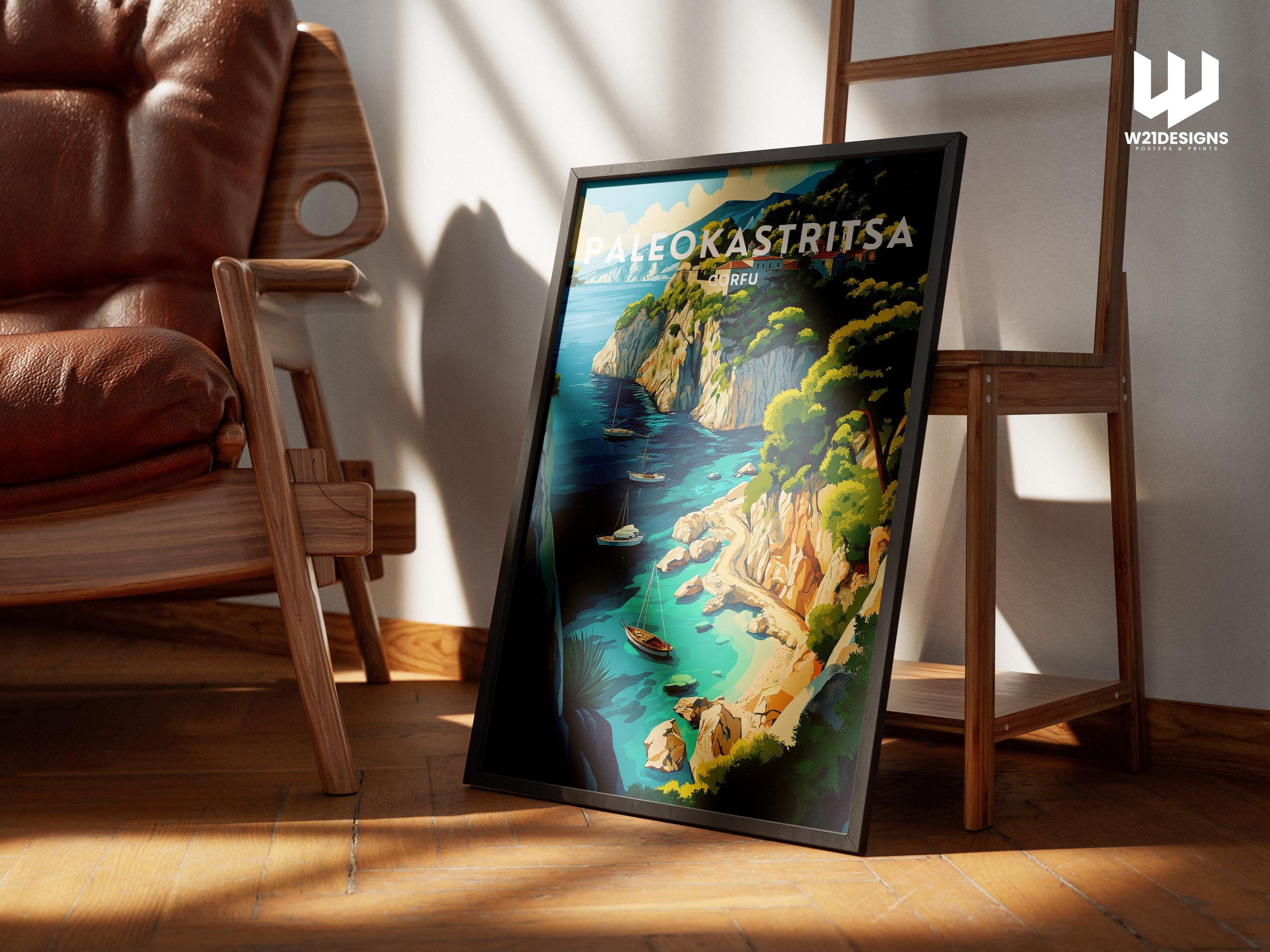 Paleokastritsa Travel Poster: Corfu Greece Coastal Cliff Art