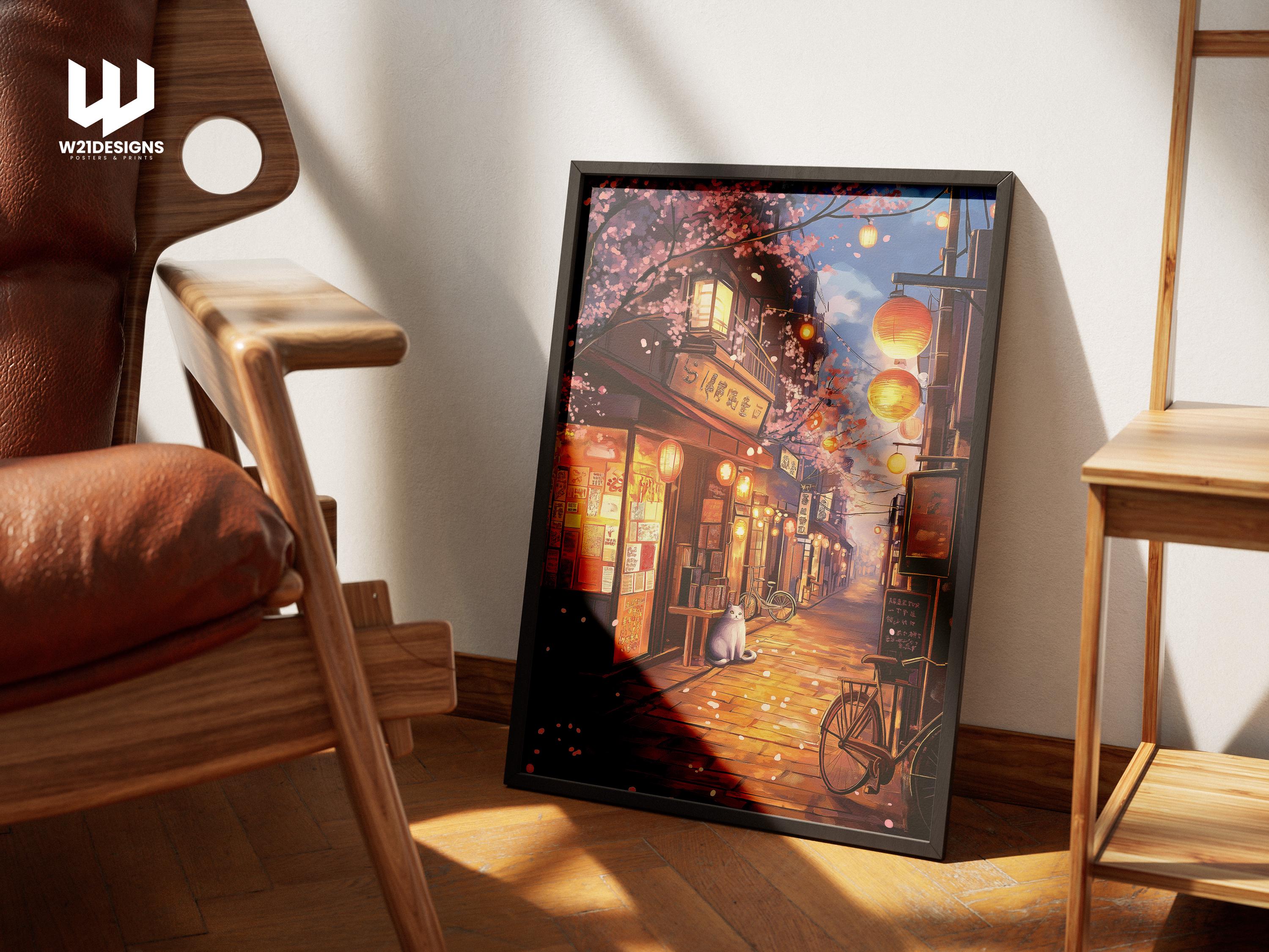 Ghibli Cat Art Print: Japanese Alley Lanterns, Anime Wall Decor