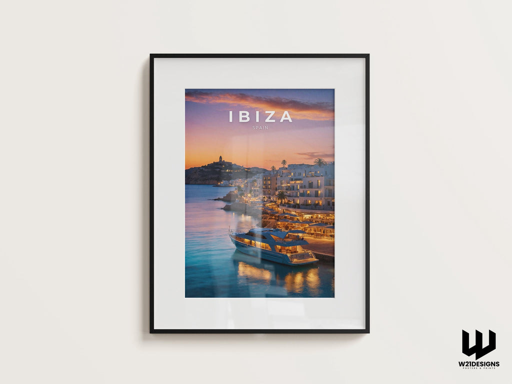 Ibiza Sunset Print: Luxury Yacht, Mediterranean Coastal Art