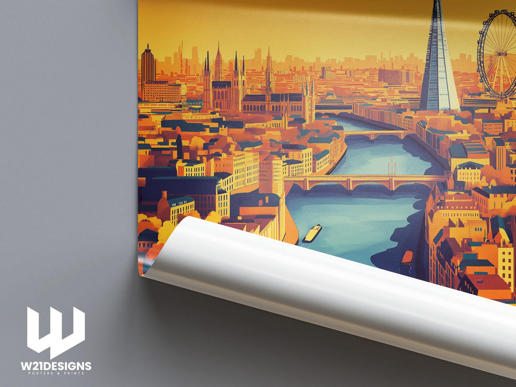 London Travel Poster: Aerial Cityscape Art Print, River Thames & UK Landmarks
