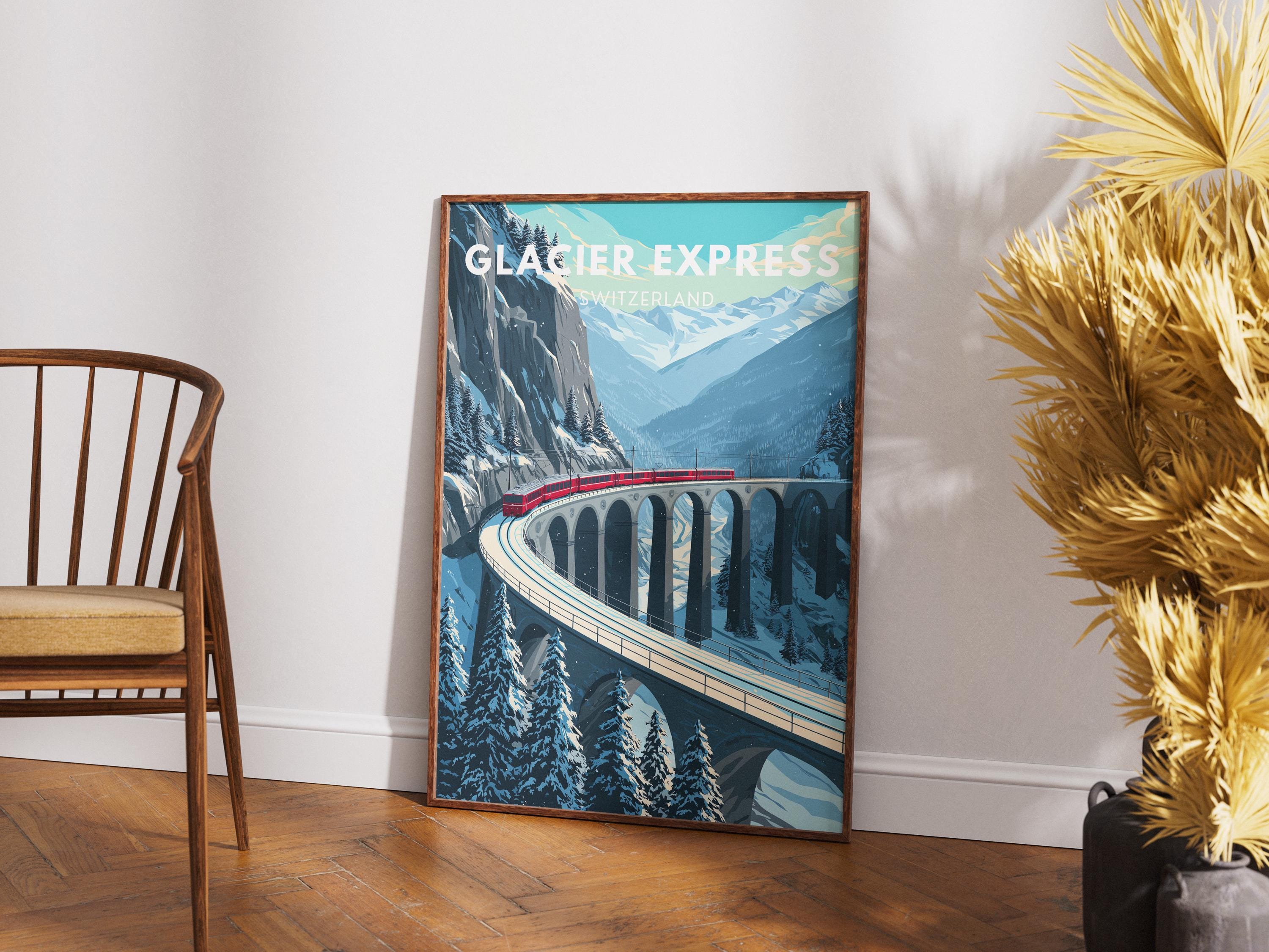 Vintage Glacier Express Poster: Swiss Alps Winter Train Travel Art