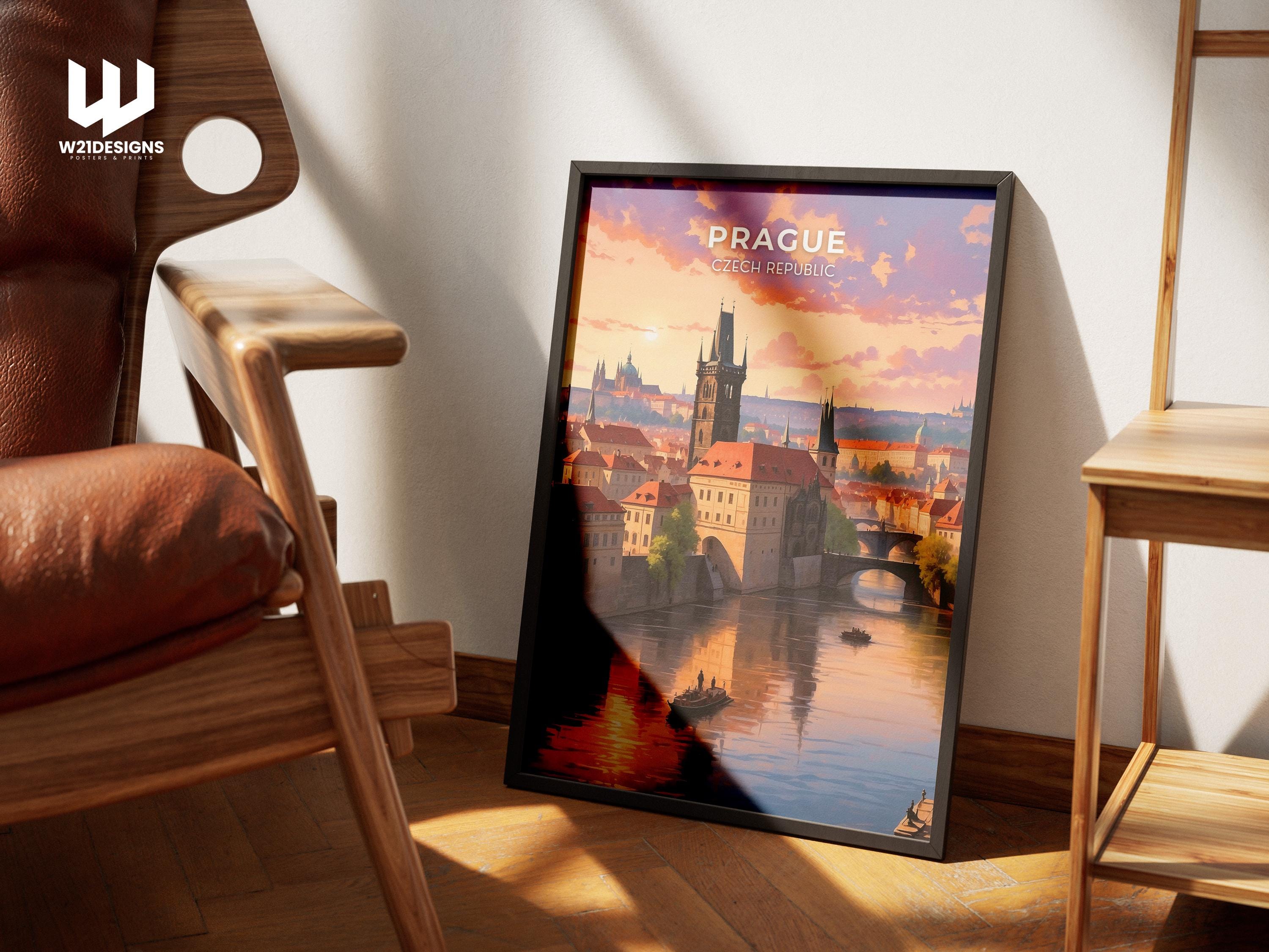 Prague Travel Poster: Vintage Charles Bridge, Czech Republic Cityscape