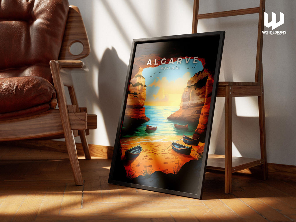 Algarve Portugal Travel Poster: Sunset Beach Coastal Art