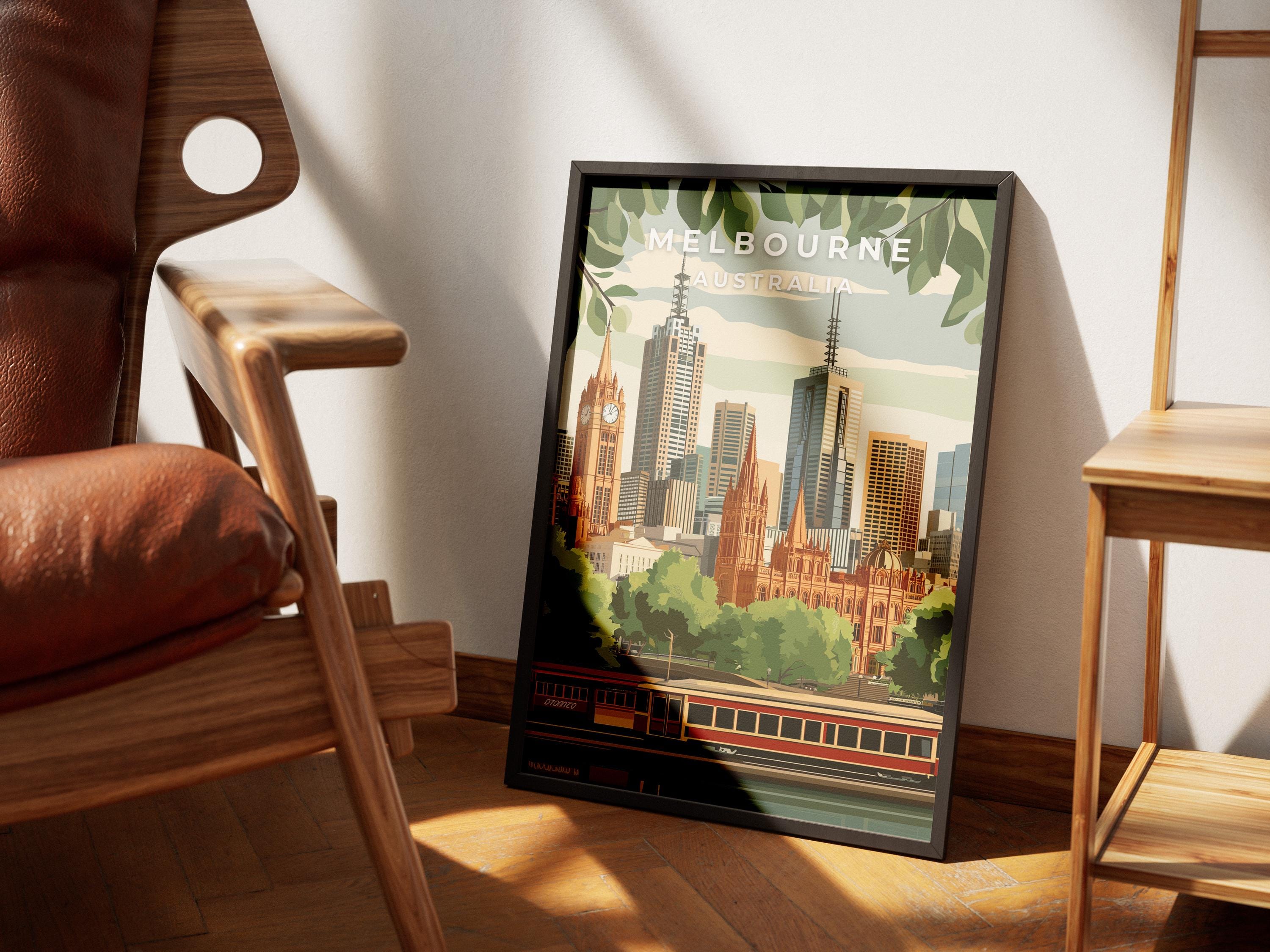 Melbourne Australia Travel Poster: City Skyline & Tram Art