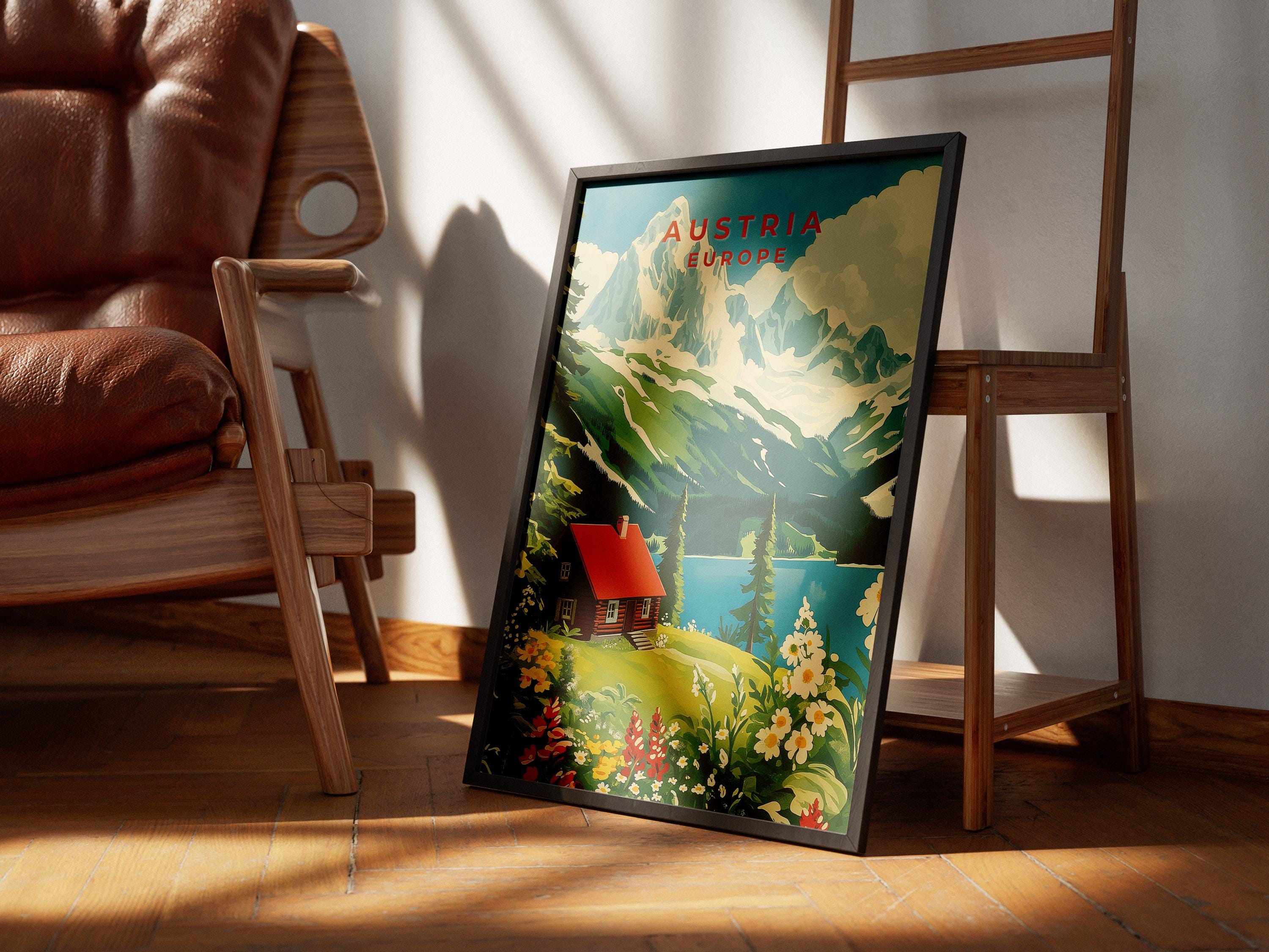 Vintage Austria Travel Poster: Austrian Alps, Lake Cabin Art