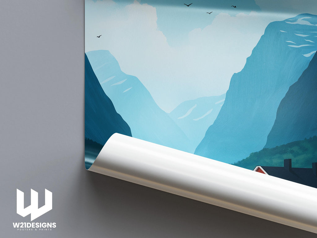 Sweden Travel Poster: Red Cabin, Nordic Mountain Landscape